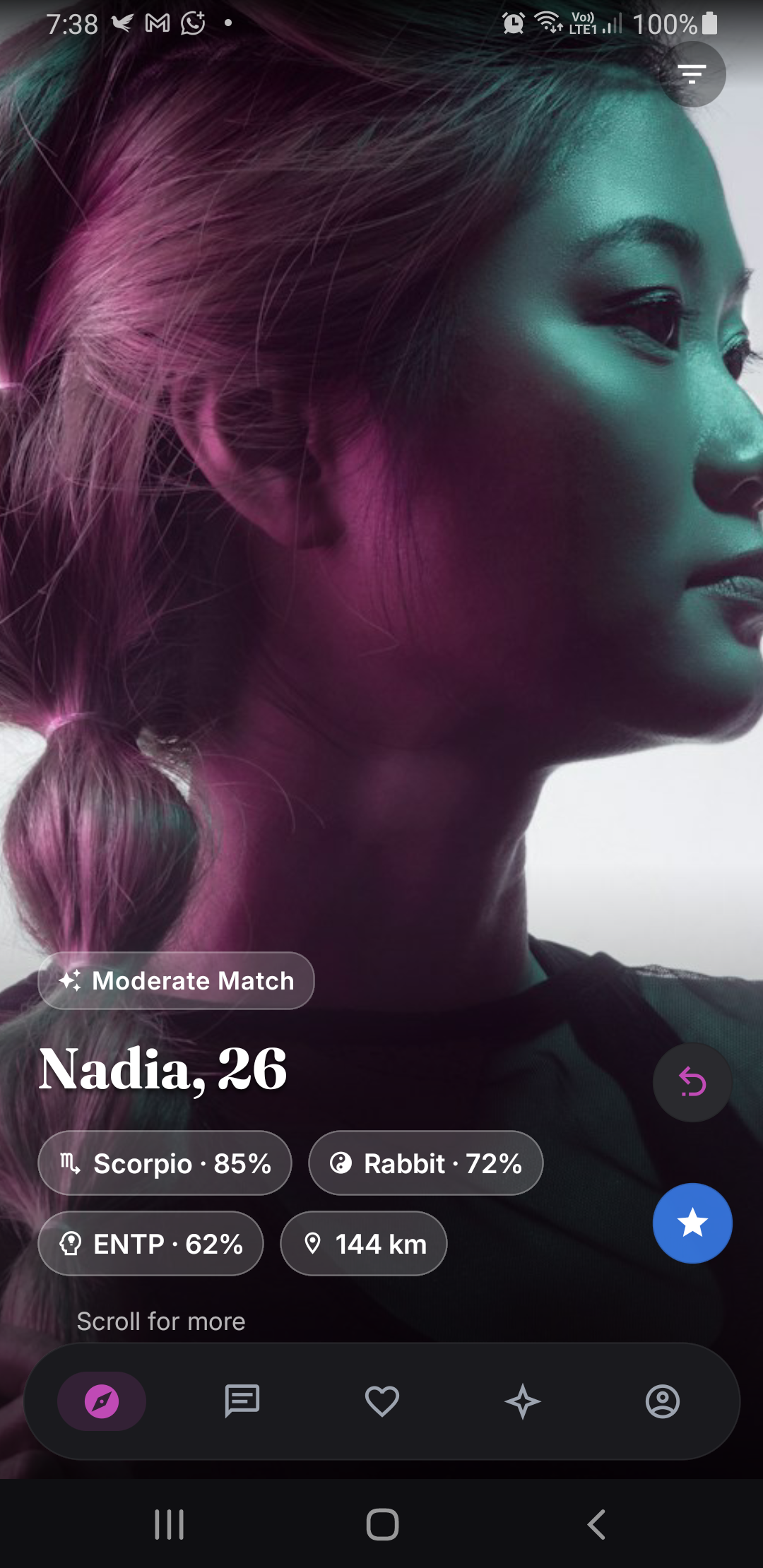 Serendipity discovery screen showing a nearby profile